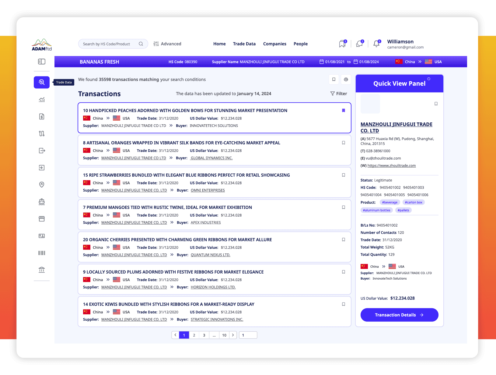 ADAMftd trade data interface showing transactions for bananas, supporting law enforcement. - Global Trade Data