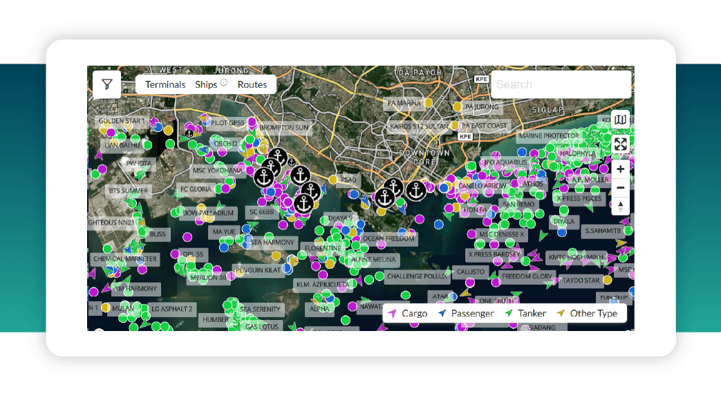 Map showing ship locations and types near a port. - Global Trade Data