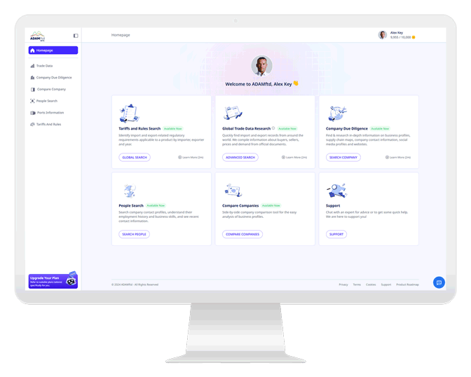 7desktop Dashboard of a comprehensive trade data platform showing features like tariff and rules search, global trade data research, and company due diligence. - Global Trade Data
